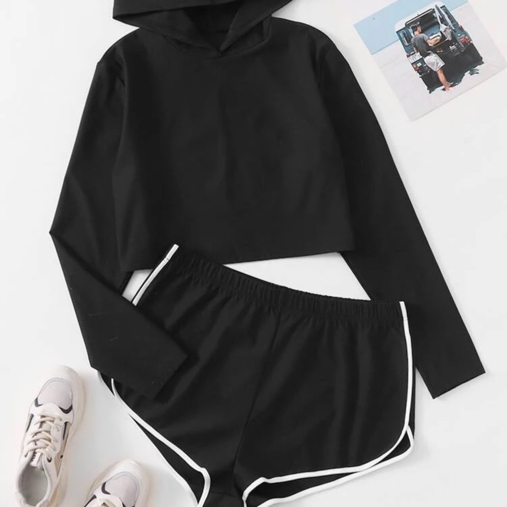 Plus Solid Hoodie & Contrast Binding Track Shorts
